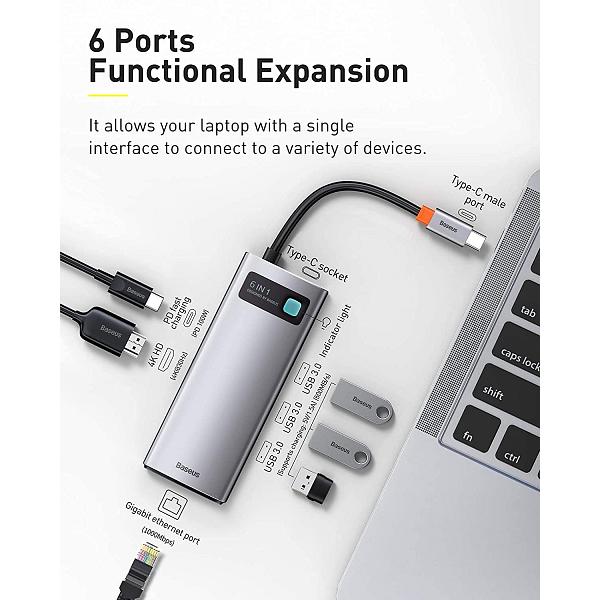 Baseus USB-C Multi-Port Hub 3xUSB + HDMI1.4 + RJ45 + 1xUSB-C with Power Delivery 6